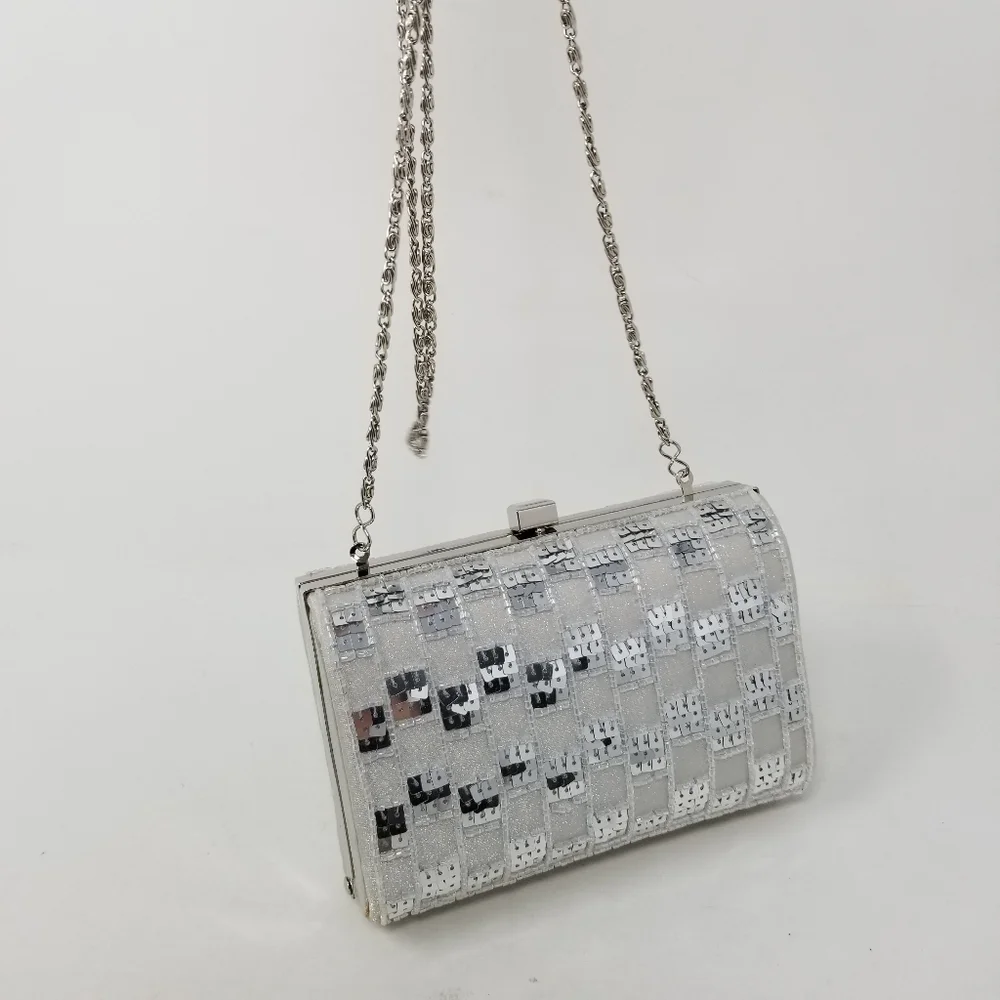 Evening Hand Bag Clutch Purse Beaded Sequin Silver Tone Frame Chain Boxy Vintage